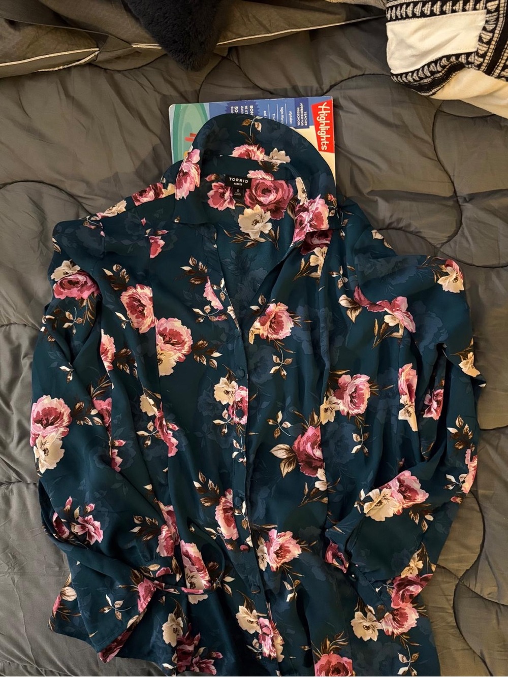 torrid Teal Floral Button-Up Blouse with Pink Roses